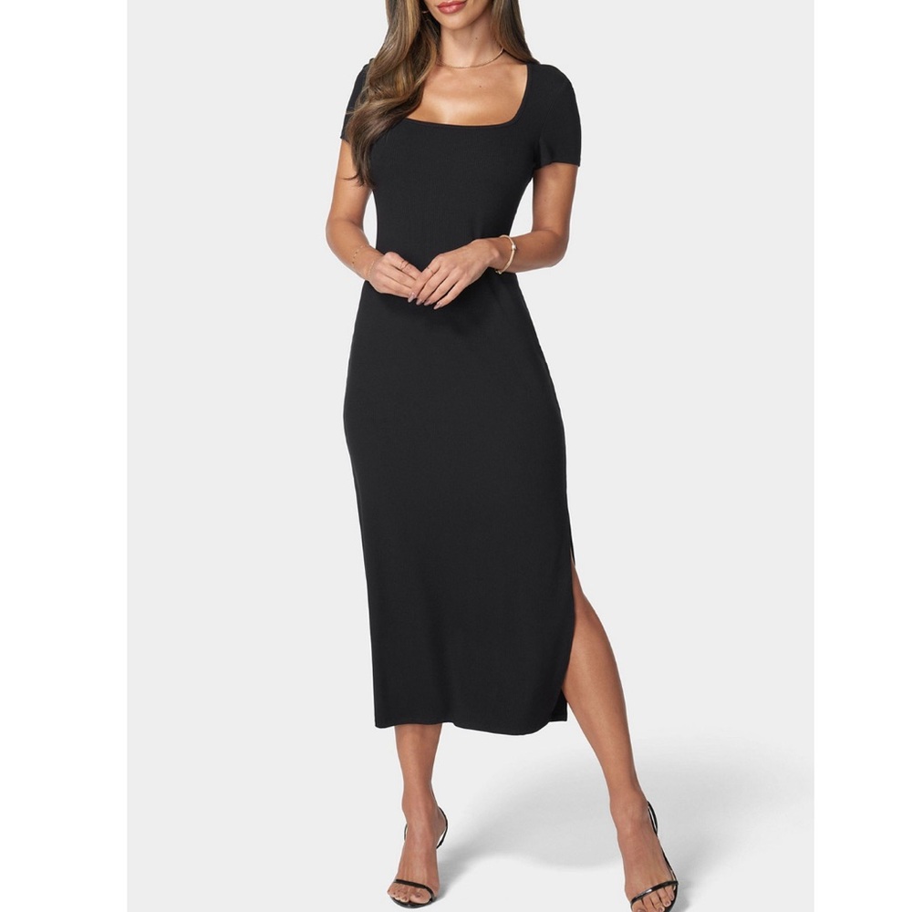 Elie Tahari Square Neck Maxi Ribbed Knit Black Dress. Size L. MSRP $145